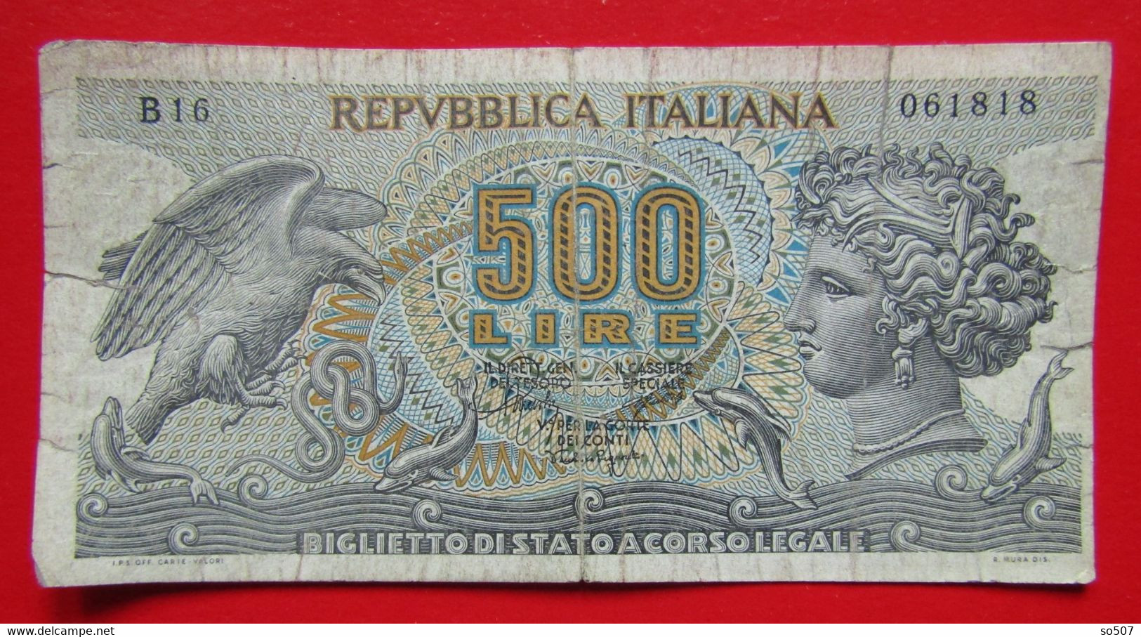 X1- 500 Lire (Aretusa) 1966. - 1967. Italy, Italie- Five Hundred Liras ,Circulated Banknote - 500 Liras