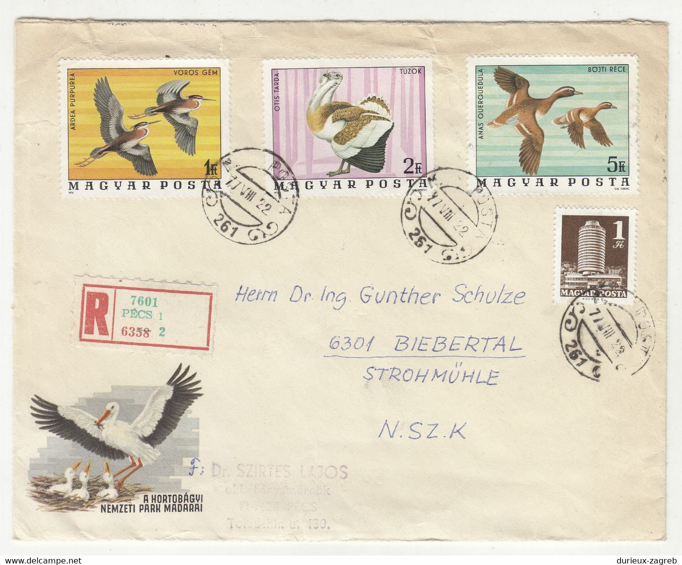 Hungary Letter Cover Posted Registered 1977 Pecs - Birds On Stamps B220901 - Storia Postale