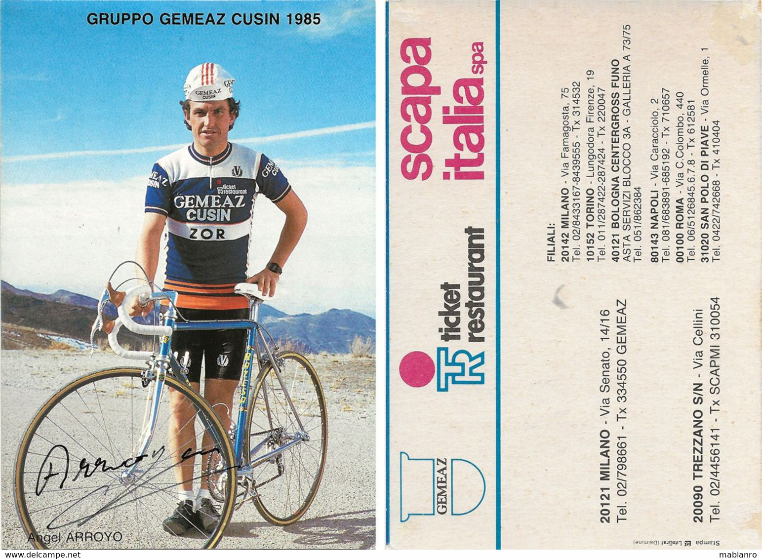 CARTE CYCLISME ANGEL ARROYO TEAM GEMEAZ - ZOR 1985 ( COUPE, FORMAT 10 X 14,8, VOIR PARTIE ARRIERE ) - Ciclismo