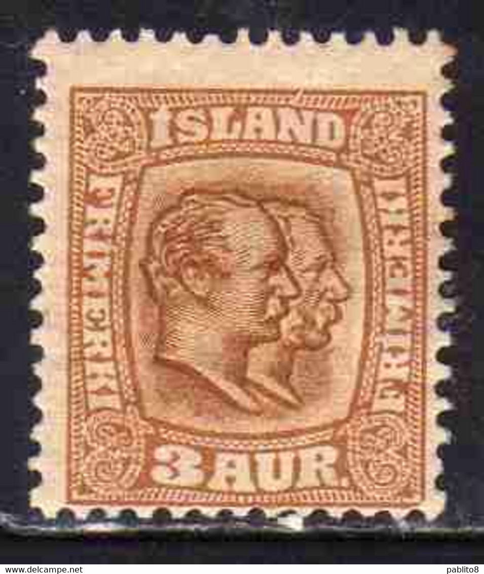 ISLANDA ICELAND ISLANDE 1907 1908 KING CHRISTIAN IX AND FREDERIK VIII 3a RE MH - Unused Stamps