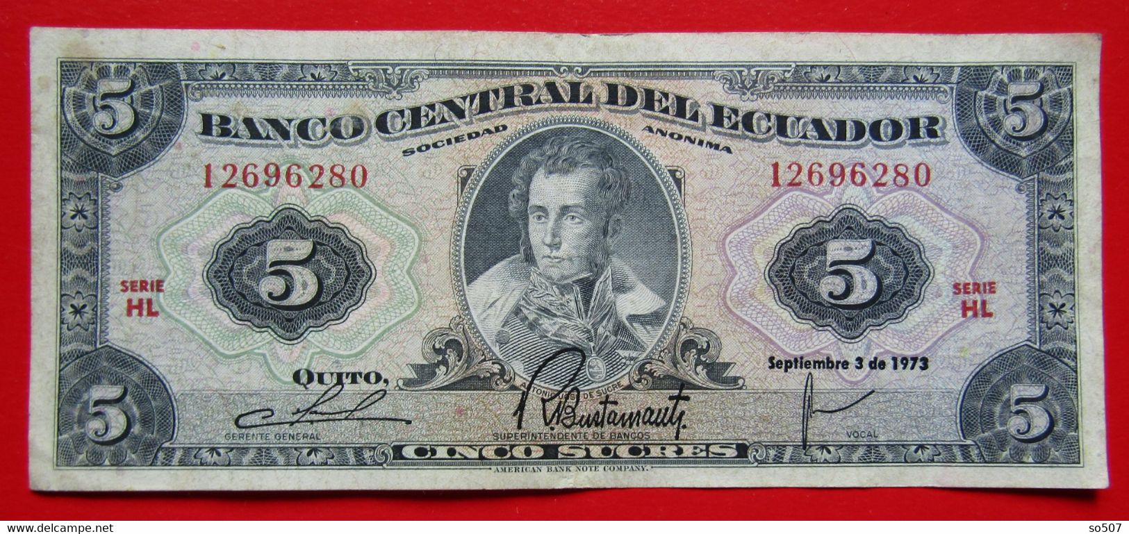 X1- 5 Sucres 1973. Ecuador - Five Sucres, Antonio Jose De Sucre, Circulated Banknote - Equateur