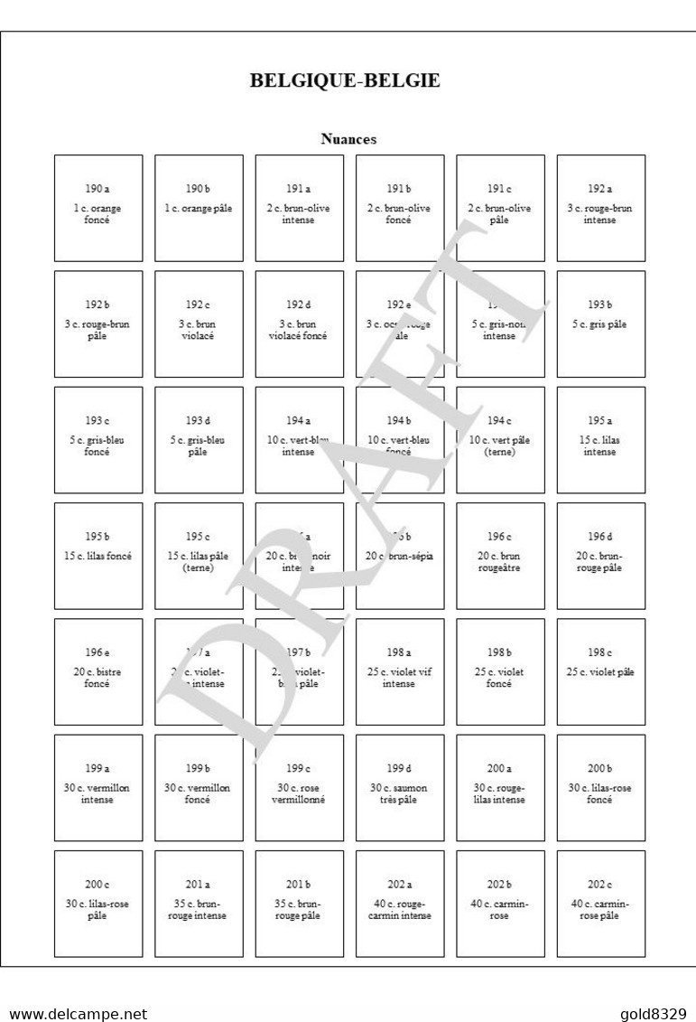 COB  150 à 219  -  Feuilles de classement avec nuances et variétés (voir description)