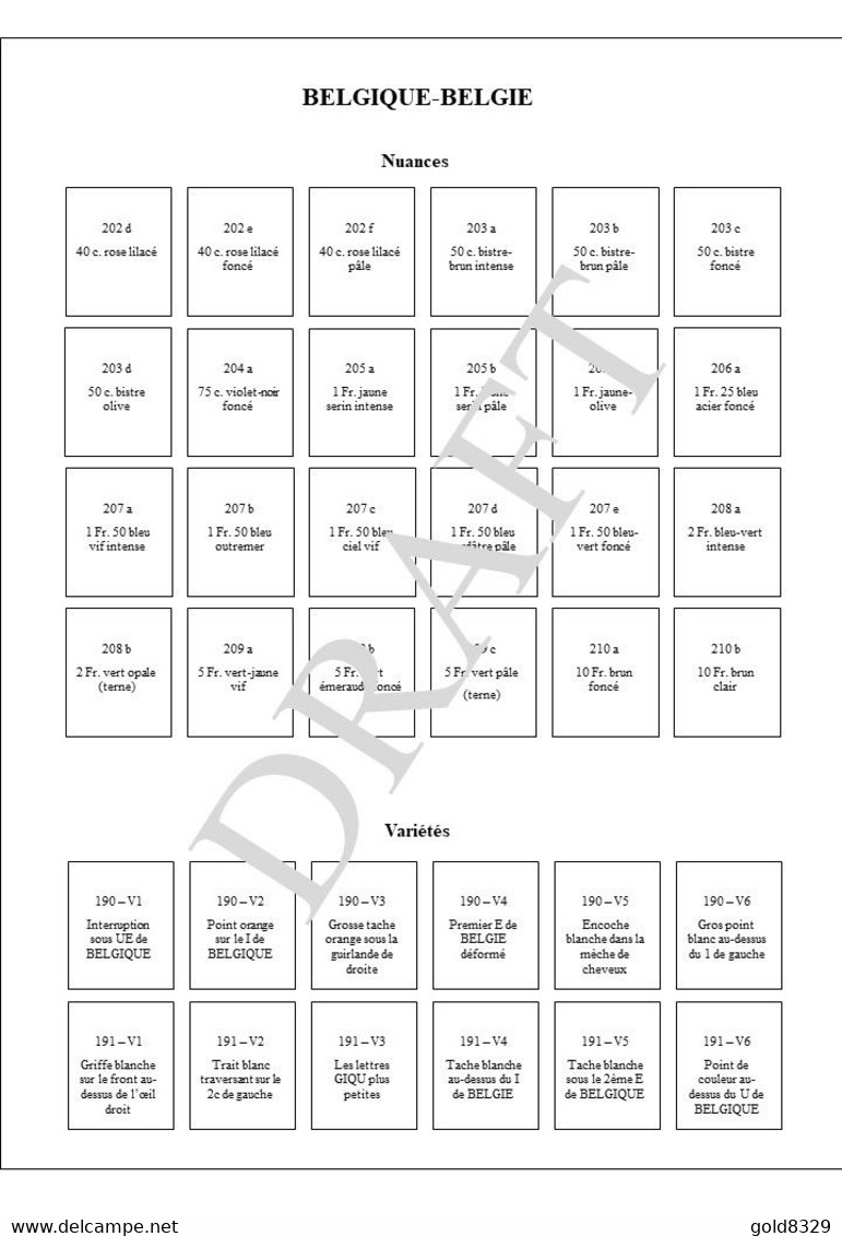 COB  150 à 219  -  Feuilles de classement avec nuances et variétés (voir description)