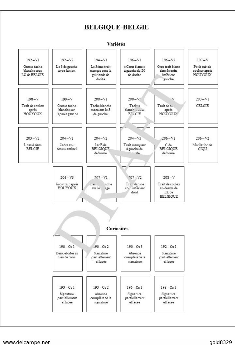 COB  150 à 219  -  Feuilles de classement avec nuances et variétés (voir description)