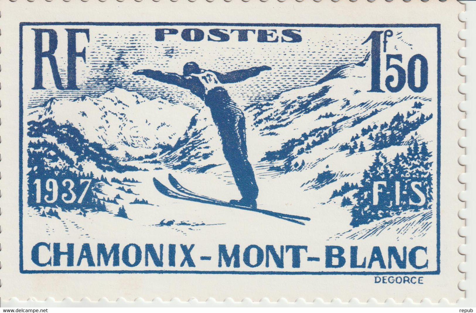 France 1937 Reproduction Timbre Championnats Ski Chamonix 334 Sur Carte - Storia Postale