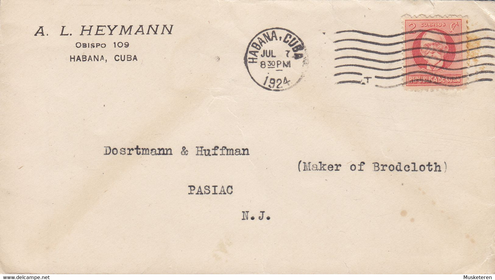 Cuba A. L. HEYMANN, HABANA 1924 Cover Letra PASSIAC N. J. United States Maximo Gomez Stamp - Briefe U. Dokumente