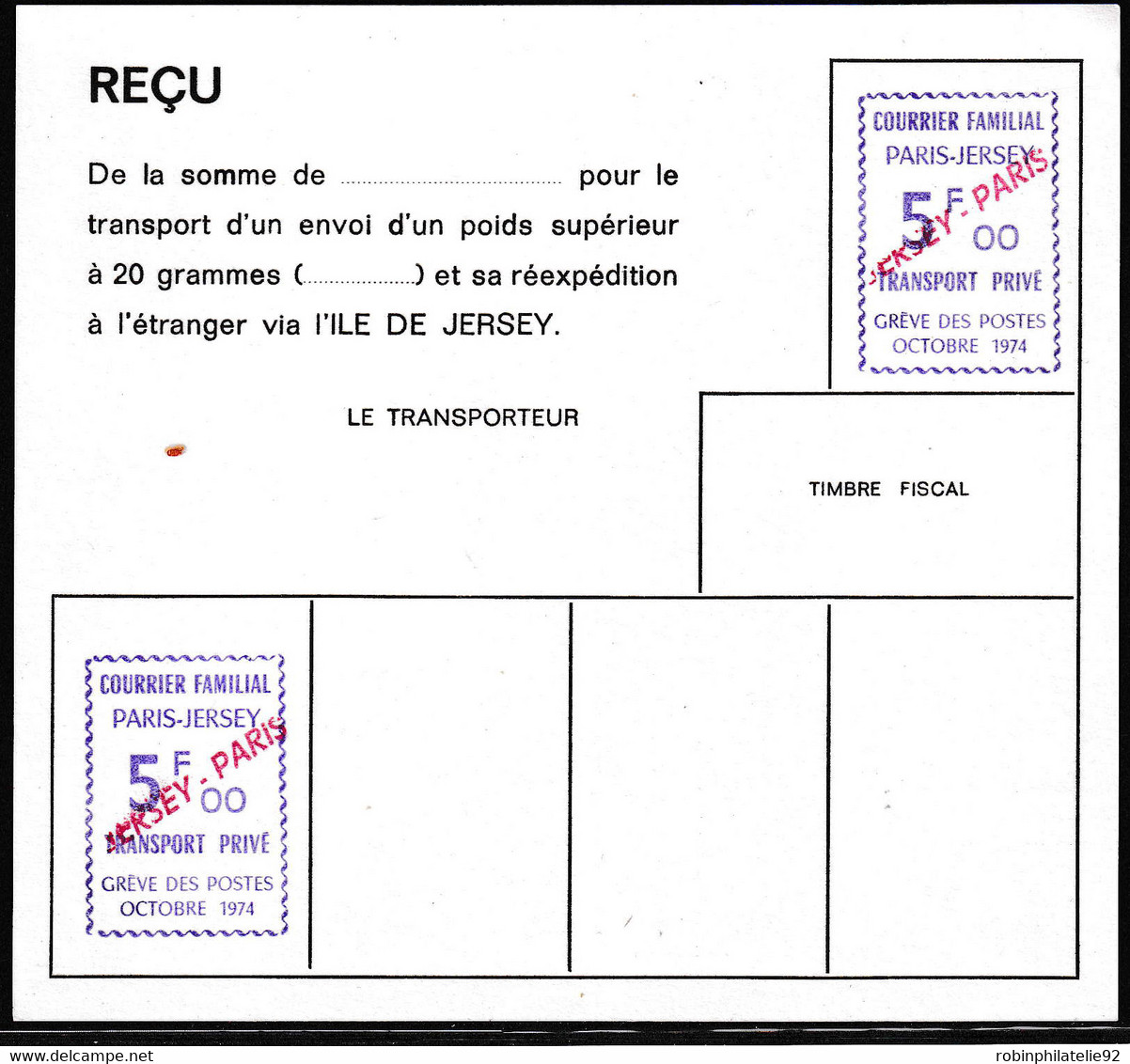 France Grève N° 5 F  Violet   "du Courrier Familial" Surcharge "Jersey-Paris" Essai Sur Reçu - Altri & Non Classificati