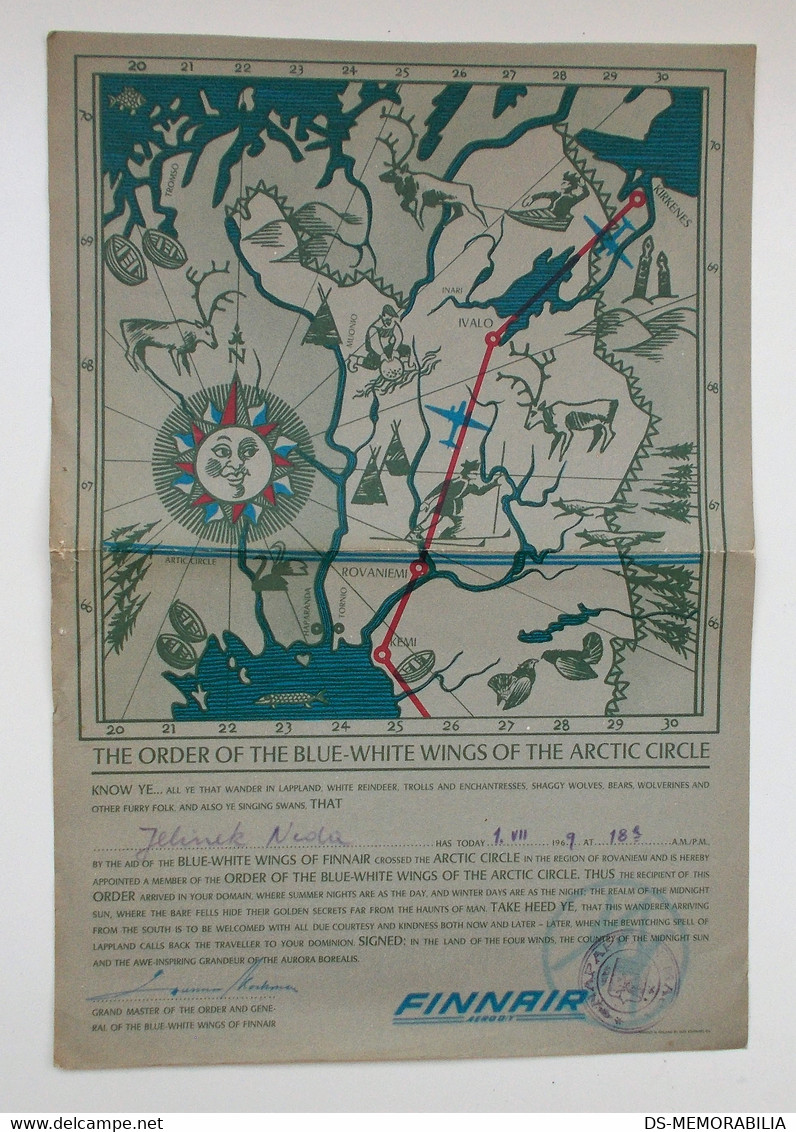 FINNAIR Finland Certificate Of Crossing The Arctic Circle , Rovaniemi 1969 - Brevetti Di Volo