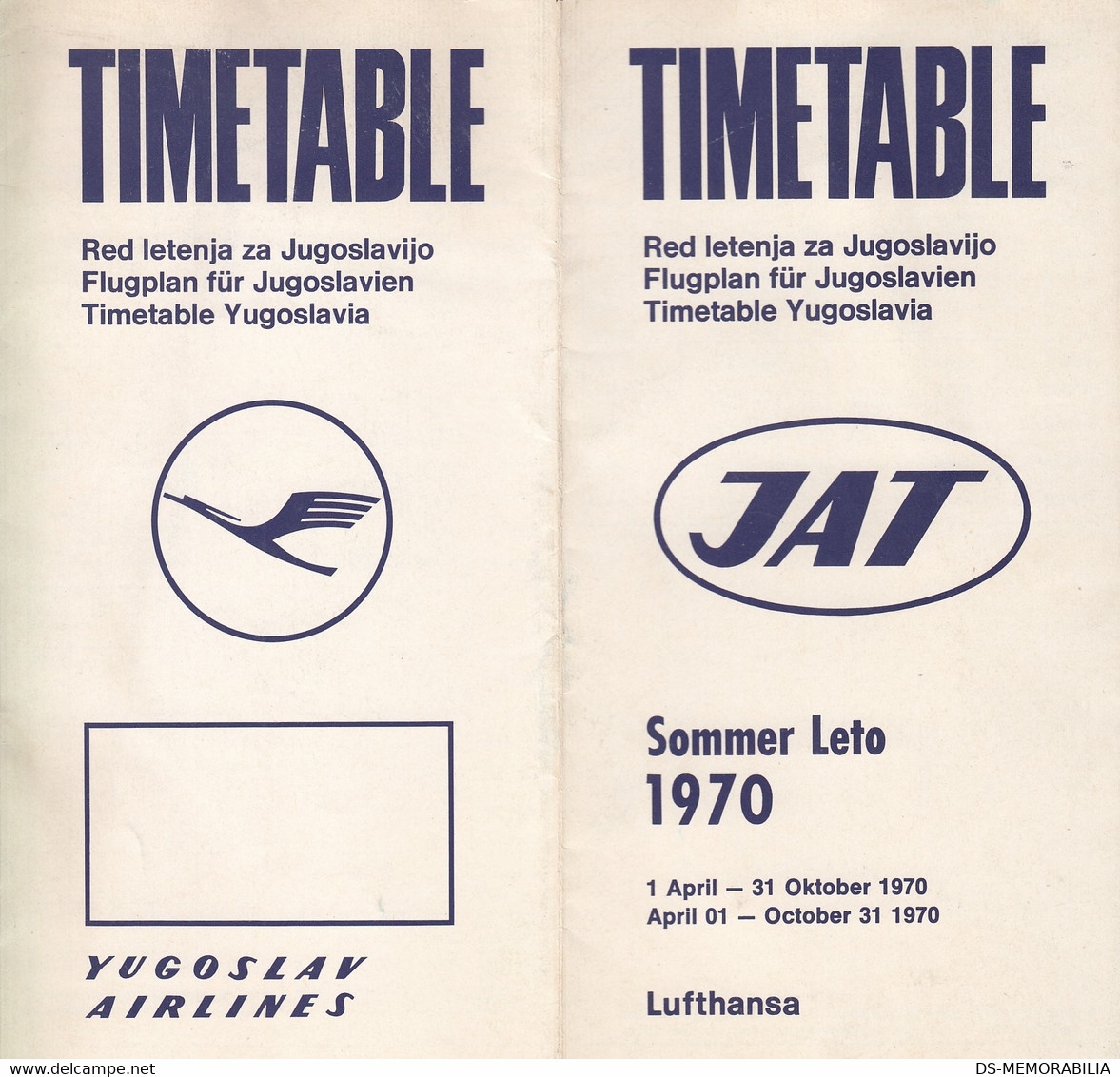 1970 JAT Yugoslav Airlines & Lufthansa Timetable Yugoslavia - Zeitpläne