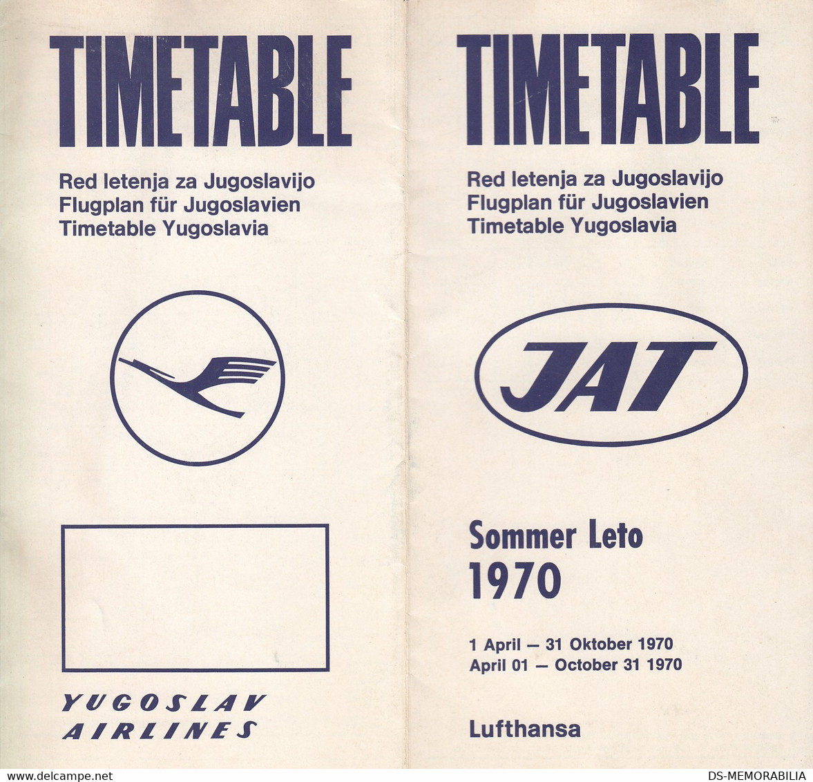 1970 JAT Yugoslav Airlines & Lufthansa Timetable Yugoslavia - Horaires