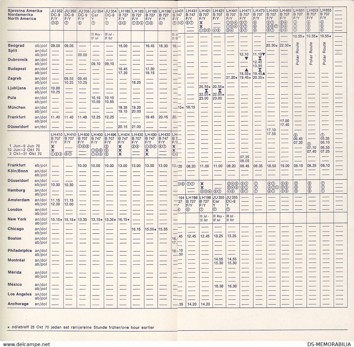 1970 JAT Yugoslav Airlines & Lufthansa Timetable Yugoslavia - Orari