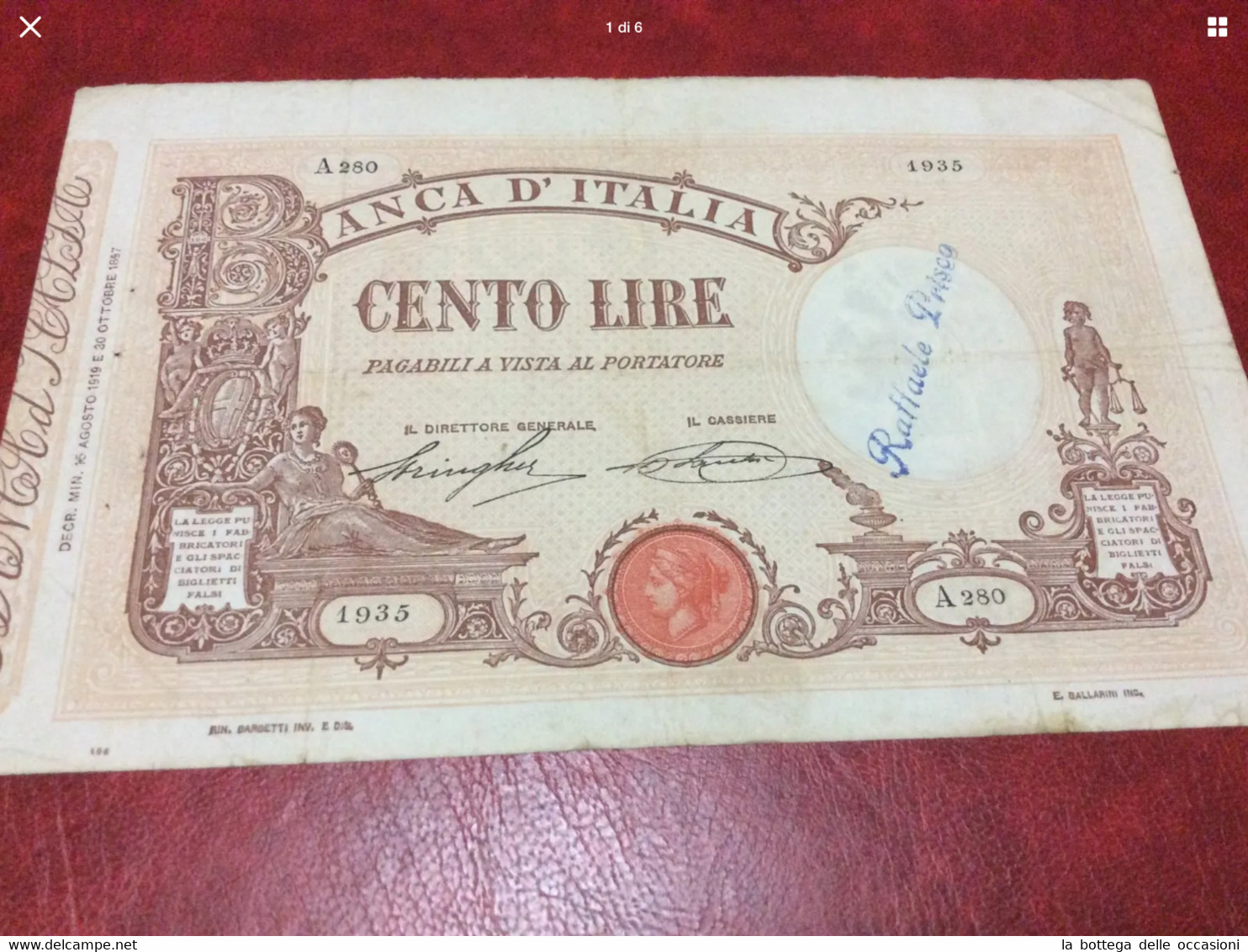 Italia Regno Banconota Da 100  16 Agosto 1919 Lire Vittorio Emanuele III Ottima Conservazione - 100 Liras