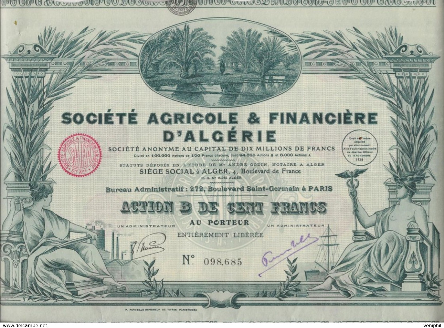 SOCIETE AGRICOLE ET FINANCIERE D'ALGERIE -ACTION  B ILLUSTREE DE CENT FRANCS - ANNEE 1928 - Afrique