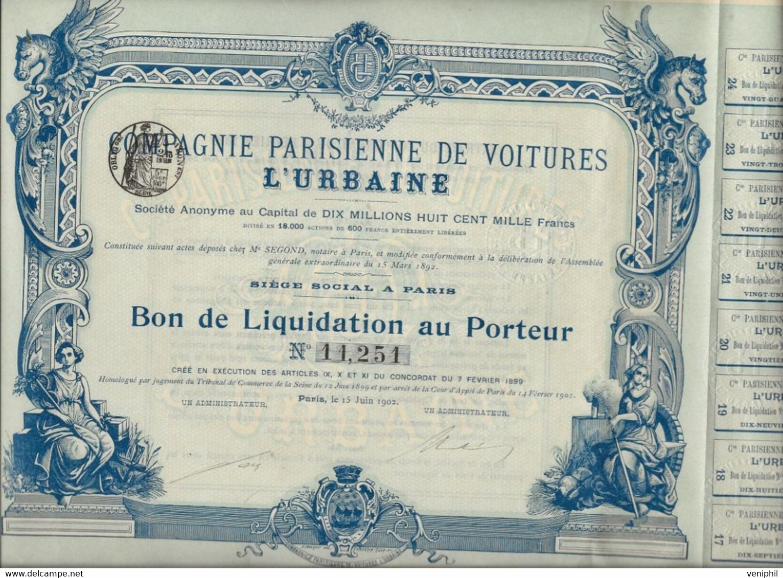 COMPAGNIE PARISIENNE DE VOITURES L"URBAINE  - BON ILLUSTRE DE LIQUIDATION - ANNEE 1902 - Automobile