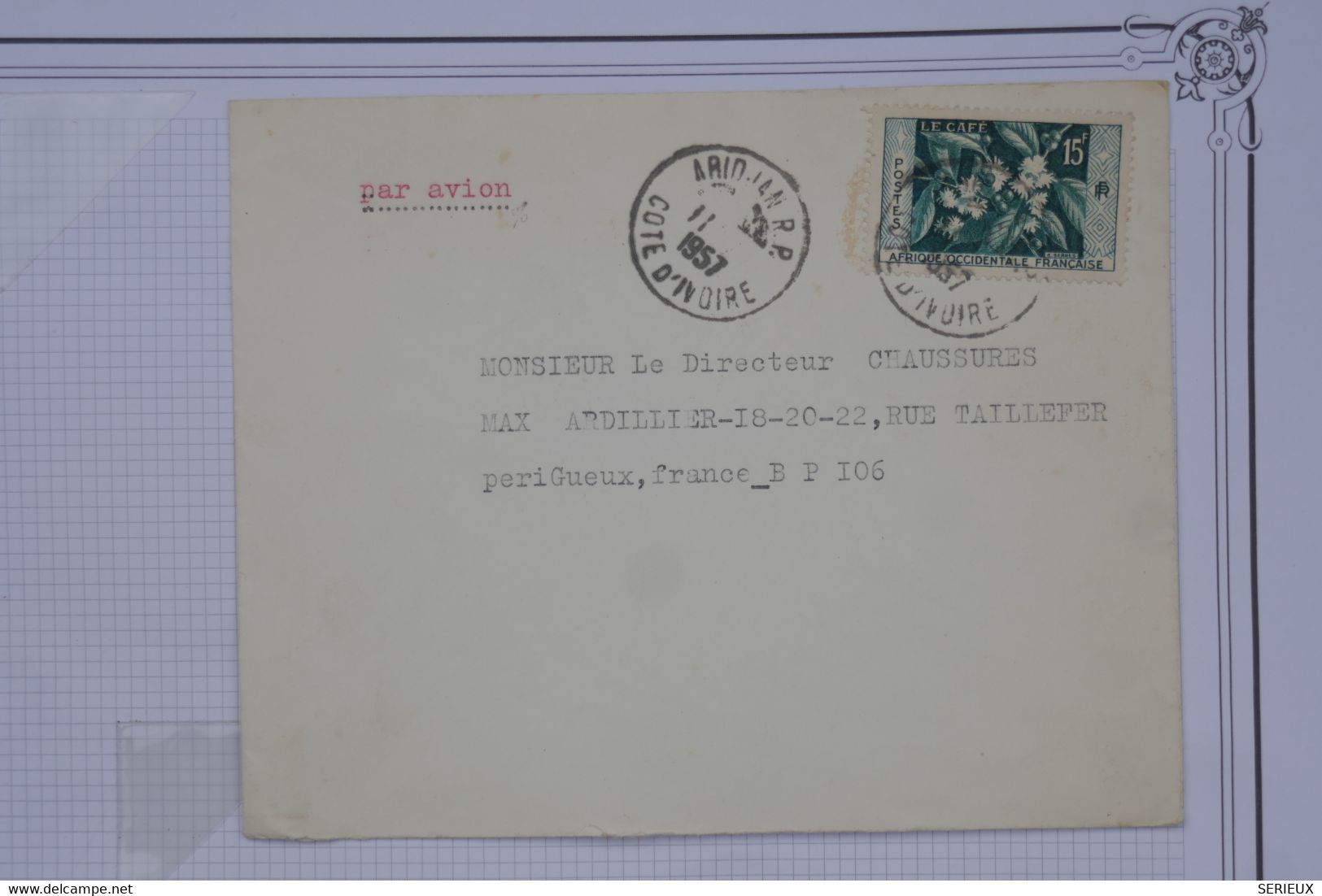 BD10 AEF  BELLE LETTRE 1957 ABIDJAN   A PERRIGUEUX  + 15F + + +AFFRANC. . PLAISANT - Lettres & Documents