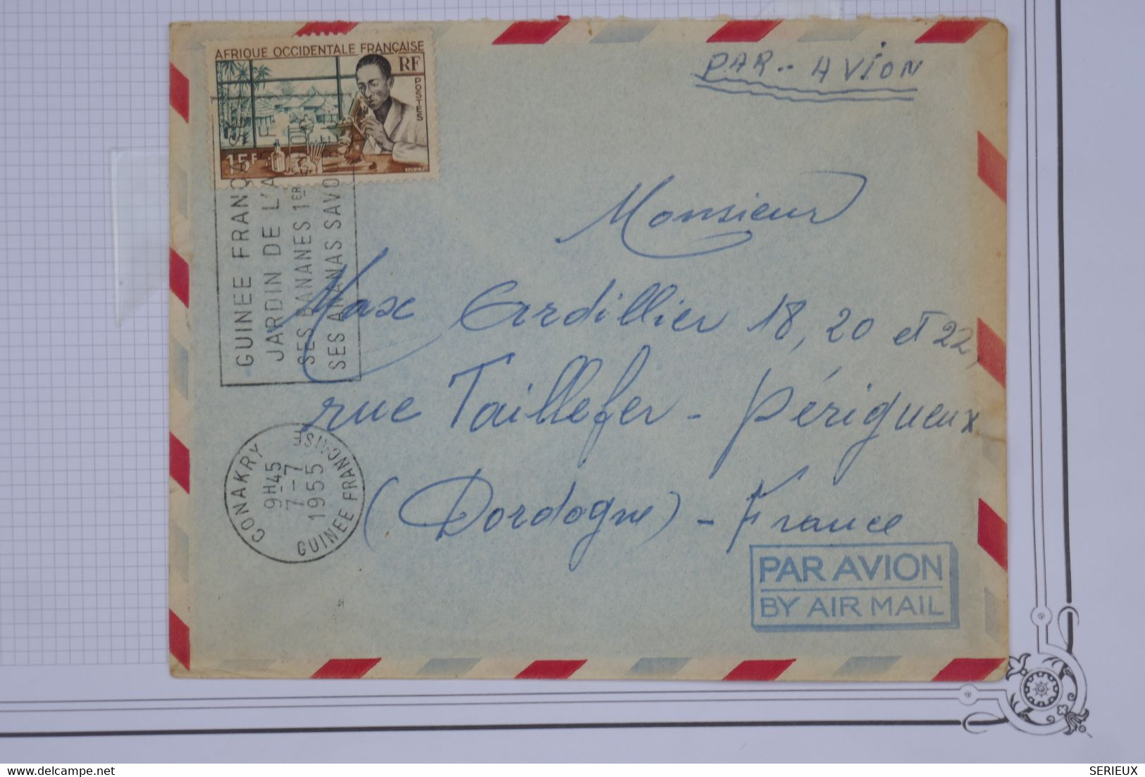 BD10 AOF  BELLE LETTRE 1955 PAR AVION  CONAKRY A PERIGUEUX  + 15F + + +AFFRANC. . PLAISANT - Storia Postale