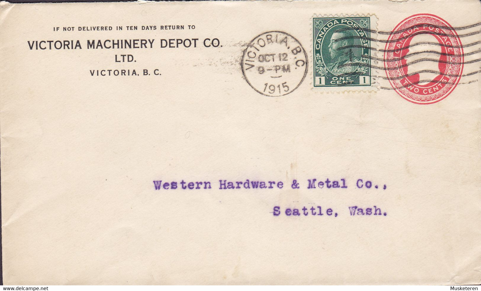 Canada Uprated Postal Stationery Ganzsache Entier PRIVATE Print VICTORIA MASCHINERY DEPOT CO. VICTORIA 1915 SEATTLE USA - 1860-1899 Règne De Victoria