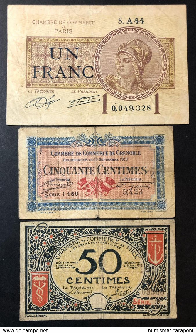 Francia France Chambre De Commerce Nice 1917 50 Centimes + Grenoble 1916 + 1 Franc Paris 1922 Lotto.4100 - ...-1889 Franchi Antichi Circolanti Durante Il XIX Sec.