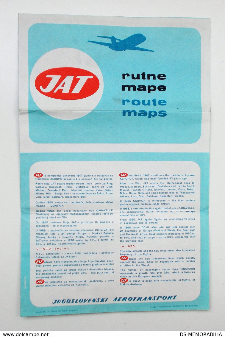 1969 JAT Yugoslav Airlines Route Maps Europe & Inland Flights - Pubblicità