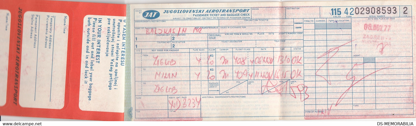 JAT Yugoslavia Passenger Ticket Baggage Check Flight Zagreb-Milano-Zagreb 1977 - Billetes