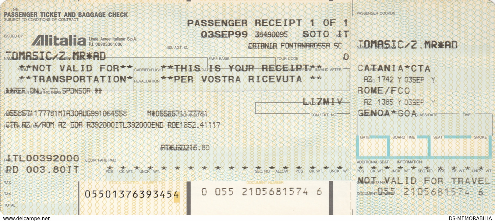 Alitalia Passenger Ticket & Baggage Check Flight Catania-Genoa - Biglietti