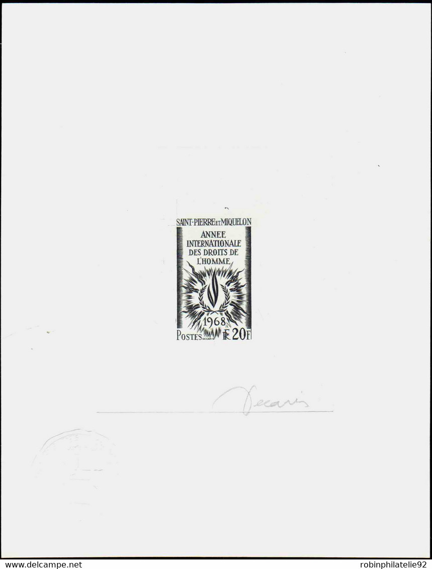 Saint Pierre Et Miquelon épreuves D'artistes N°384 20f Droits De L'homme épreuve En Noir Signée - Imperforates, Proofs & Errors