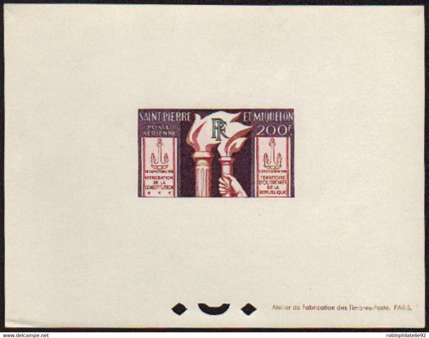 Saint Pierre Et Miquelon épreuves De Luxe Poste Aérienne N°26 200f Constitution Et Vote Du 11-12-1958 épreuve De Luxe - Non Dentelés, épreuves & Variétés