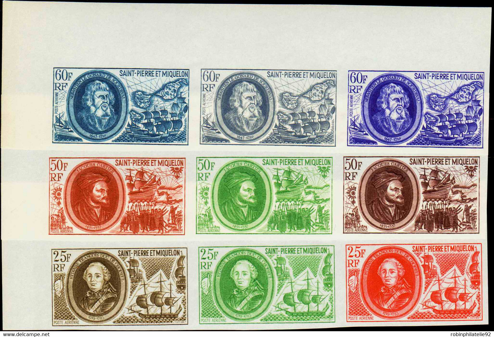 Saint Pierre Et Miquelon Essais De Couleur Poste Aérienne N°50 /52 Célébrité 3 Valeurs En Bandes De 3 Qualité:** - Imperforates, Proofs & Errors