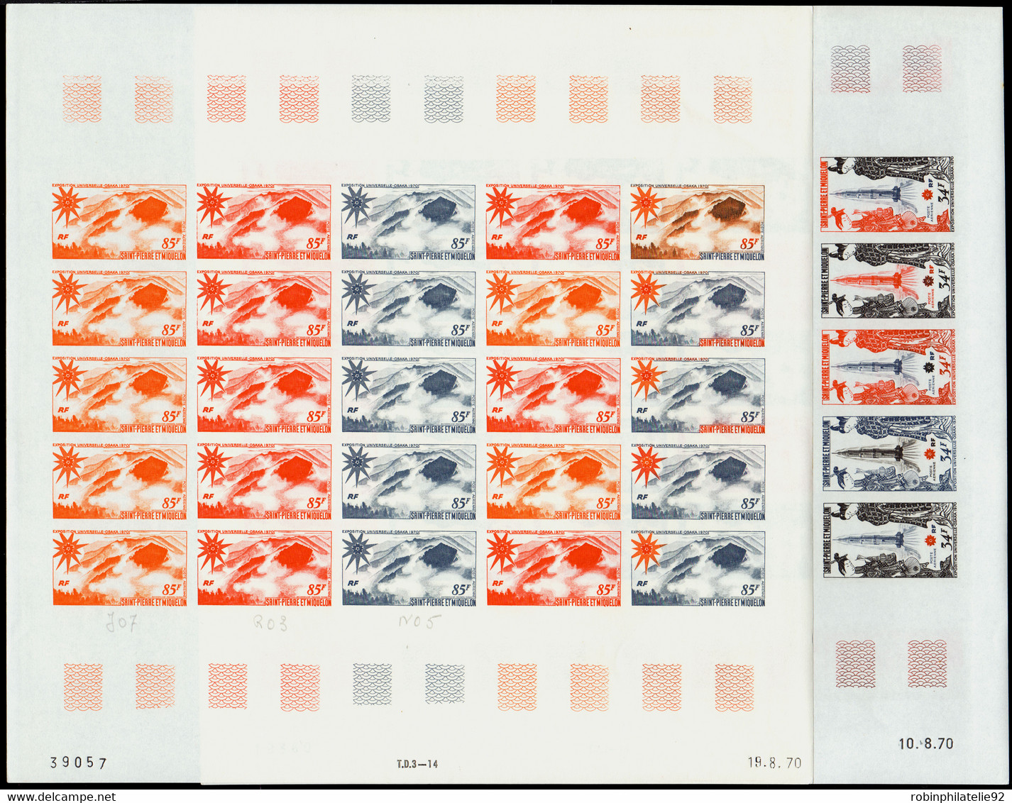 Saint Pierre Et Miquelon Essais De Couleur Poste Aérienne N°48 /49 Exposition Universelle D'Osaka 2 Feuilles De 25 Timbr - Imperforates, Proofs & Errors