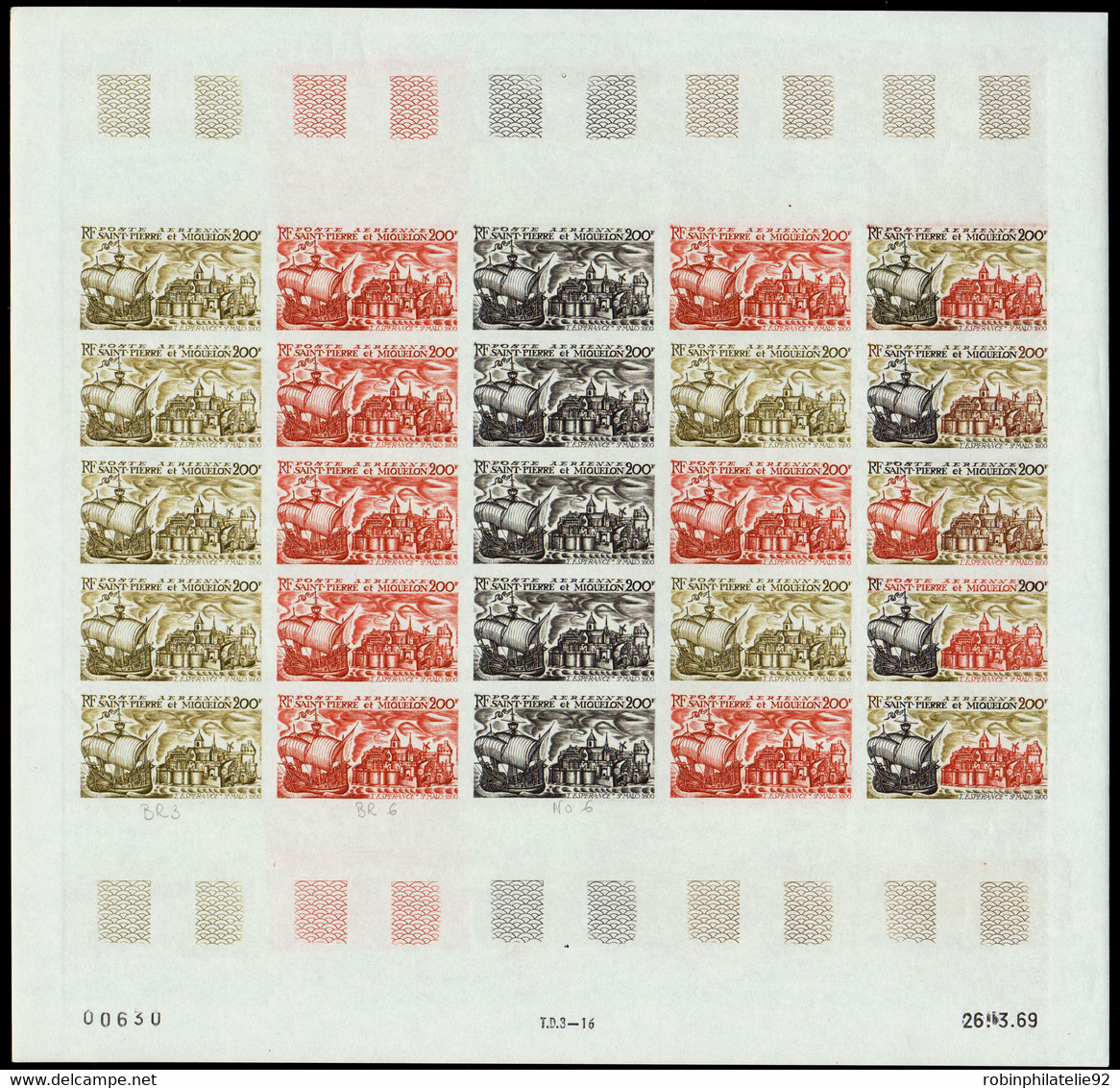 Saint Pierre Et Miquelon Essais De Couleur Poste Aérienne N°46 Bateau" L''espérance" St Malo Feuille De 25 Timbres Quali - Imperforates, Proofs & Errors