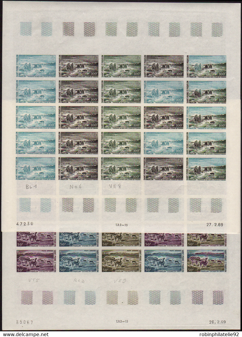 Saint Pierre Et Miquelon Essais De Couleur Poste Aérienne N°44 /45 Chevaux Et Traînage Du Bois 2 Feuilles De 25 Timbres - Sin Dentar, Pruebas De Impresión Y Variedades