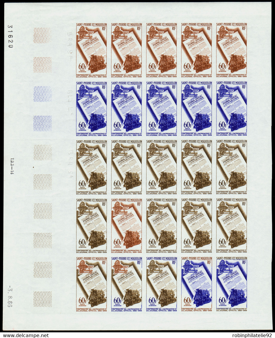 Saint Pierre Et Miquelon Essais De Couleur Poste Aérienne N°37 Centenaire De L'imprimerie Feuille De 25 Timbres Qualité: - Non Dentelés, épreuves & Variétés