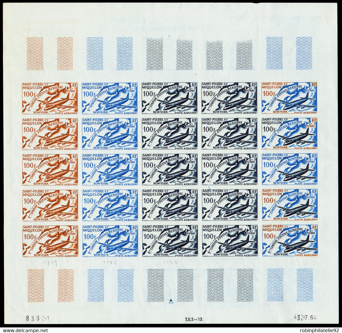 Saint Pierre Et Miquelon Essais De Couleur Poste Aérienne N°31 1ère Liaison Postale St Pierre- New-York Feuille De 25 Ti - Non Dentelés, épreuves & Variétés