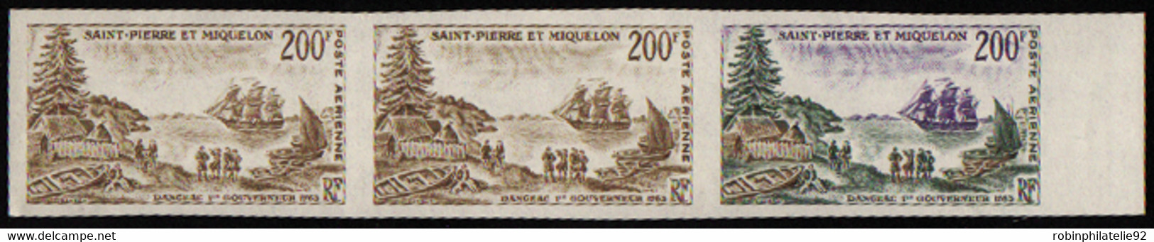 Saint Pierre Et Miquelon Essais De Couleur Poste Aérienne N°30 Gouverneur Dangeac En Bande De 3 Dont Un Multicolore Qual - Geschnittene, Druckproben Und Abarten