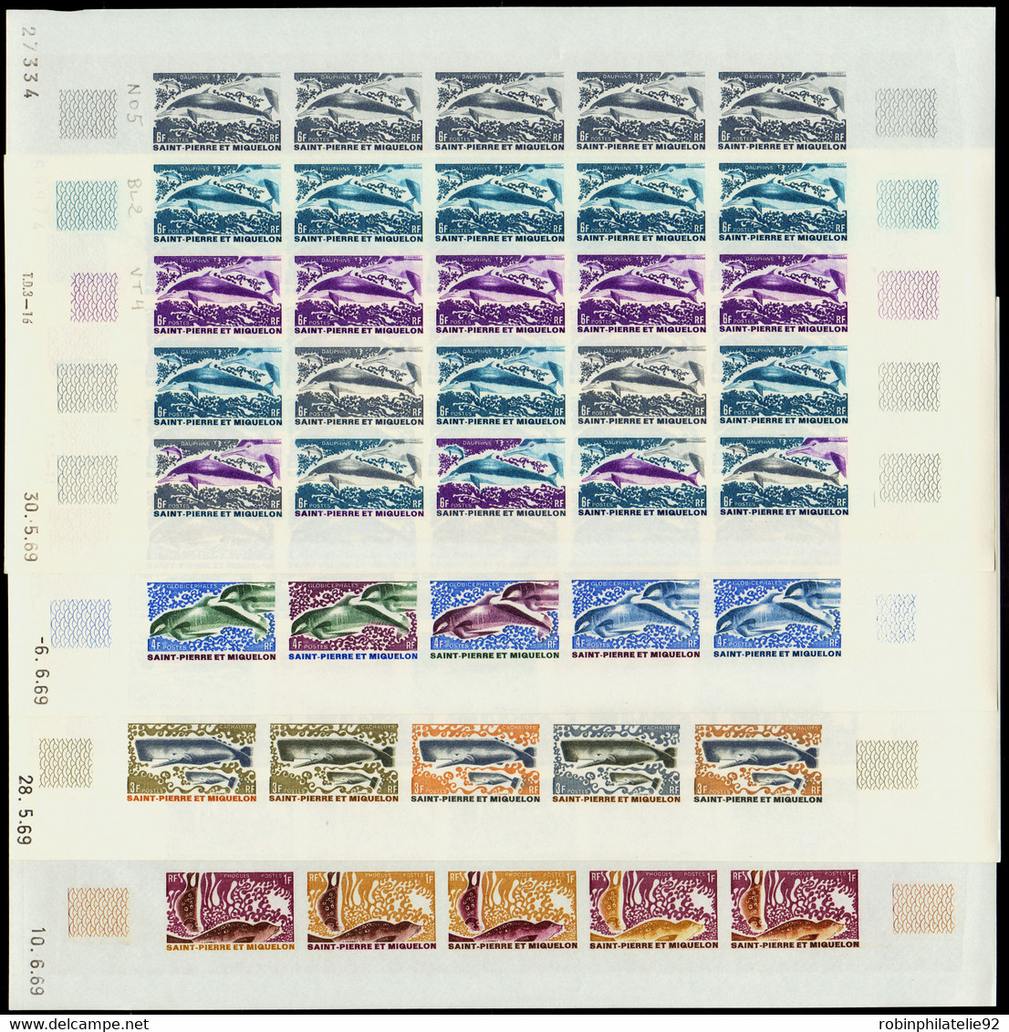 Saint Pierre Et Miquelon Essais De Couleur N°391 /394 Animaux Marins 4 Feuilles De 25 Timbres  Qualité:** - Sin Dentar, Pruebas De Impresión Y Variedades