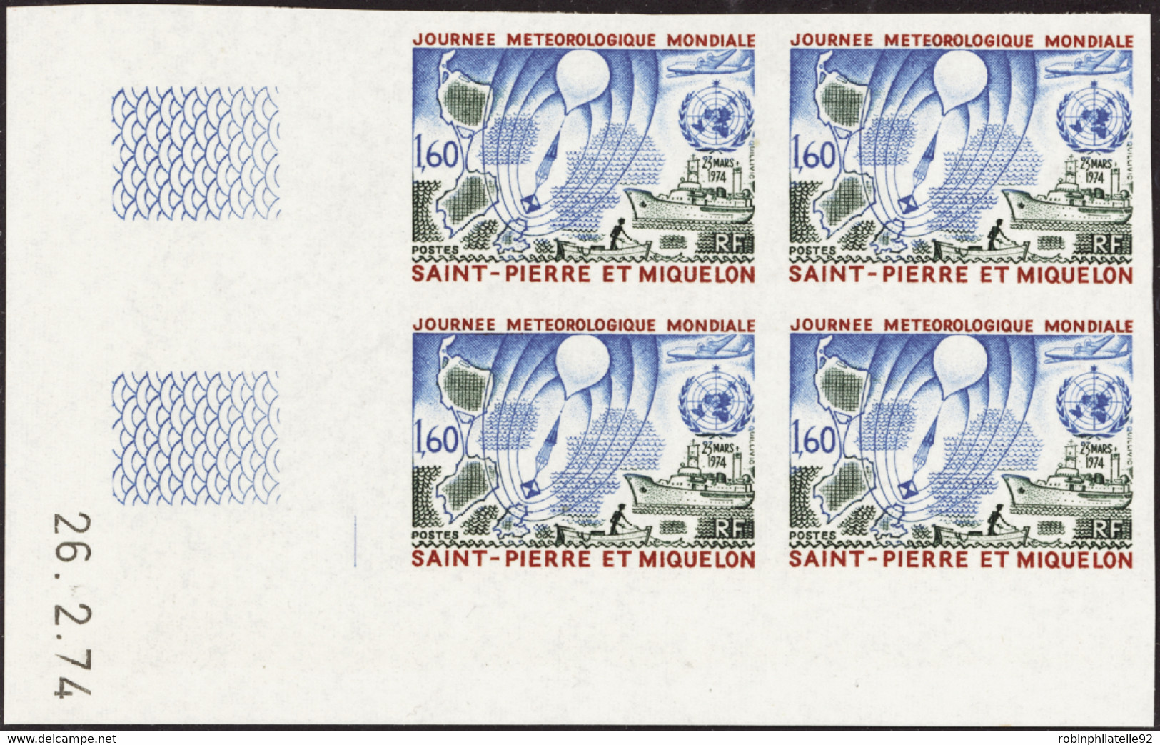 Saint Pierre Et Miquelon Non Dentelés N°433 Journée De La Météorologie Bloc De 4 Coin Daté Qualité:** - Imperforates, Proofs & Errors