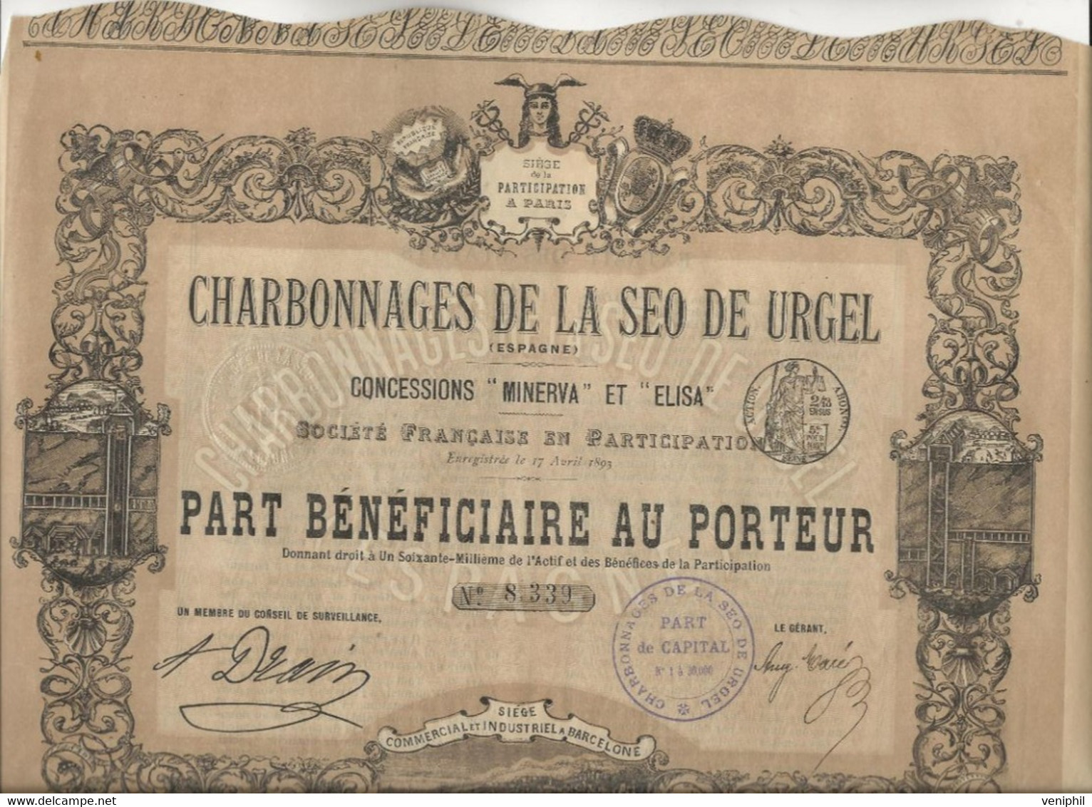 CHARBONNAGE DE LA SEO DE URGEL - ESPAGNE -PART BENEFICIAIRE ILLUTREE -1893 - Mineral