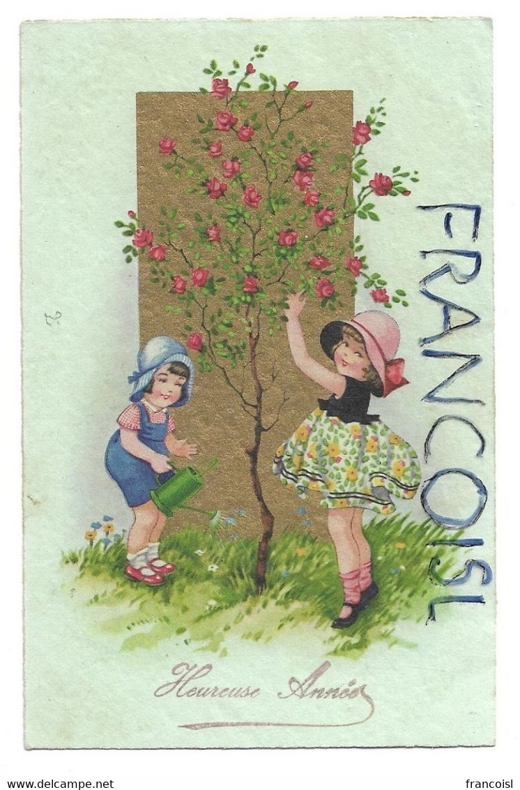 2 Petites Filles, Arrosoir Et Grand Rosier: "Heureuse Année". Dorée - Neujahr