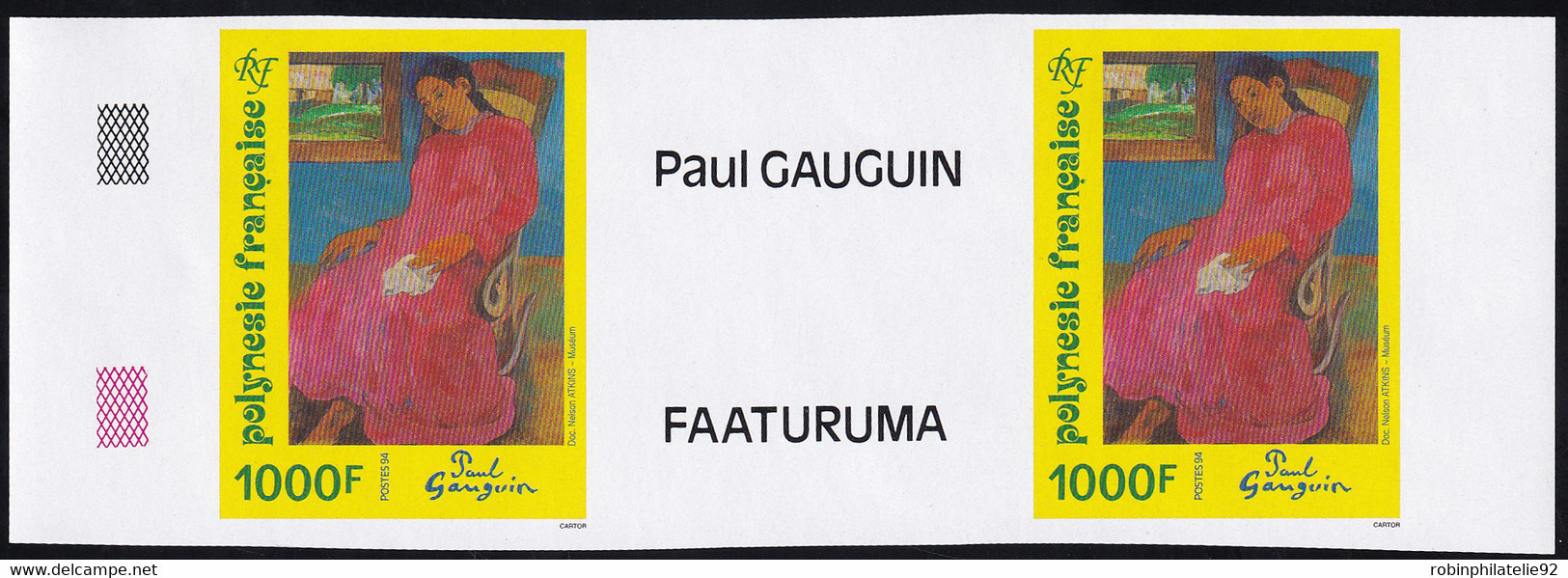 Polynésie Non Dentelés N°463 A Œuvre De Paul Gauguin Paire Avec Vignette Centrale Qualité:** - Non Dentelés, épreuves & Variétés