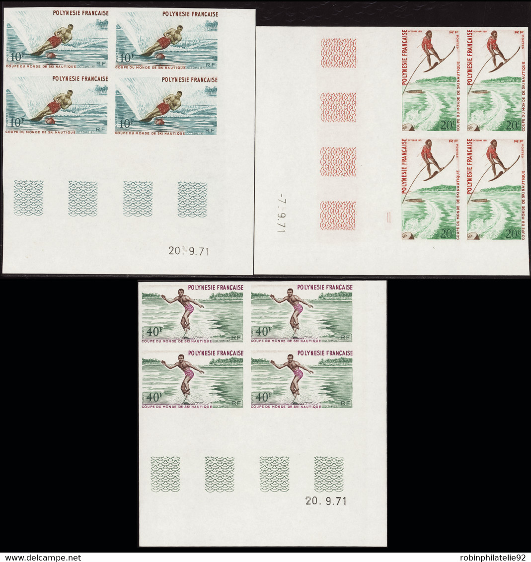 Polynésie Non Dentelés N°86 /88 Coupe Du Monde De Ski Nautique 3 Blocs De 4 Coins Datés Non Dentelés Qualité:** - Non Dentelés, épreuves & Variétés