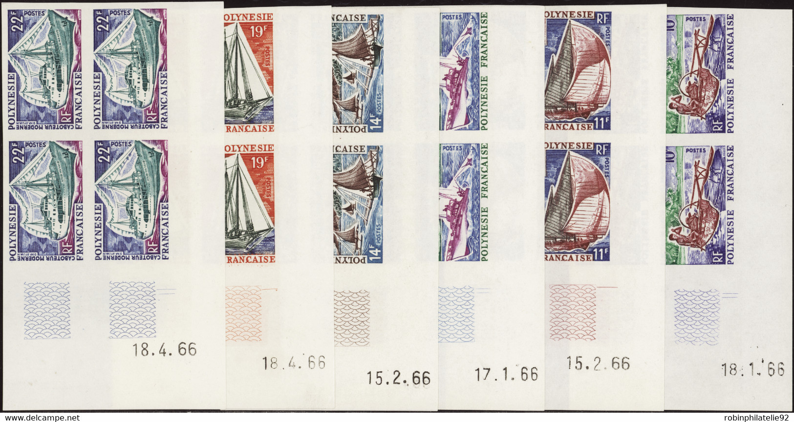 Polynésie Non Dentelés N°36 /41 Bateaux 6 Blocs De 4 Coins Datés Non Dentelés Qualité:** - Imperforates, Proofs & Errors