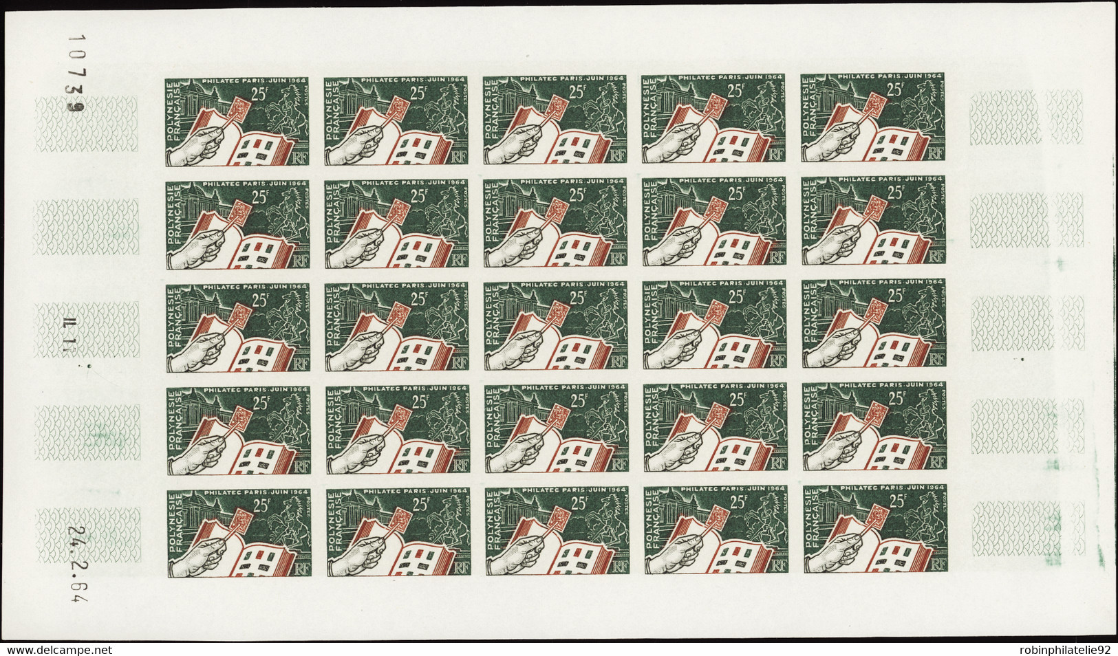 Polynésie Non Dentelés N°26 25f Philatec 1964 Feuille De 25 Timbres Non Dentelés Qualité:** - Sin Dentar, Pruebas De Impresión Y Variedades