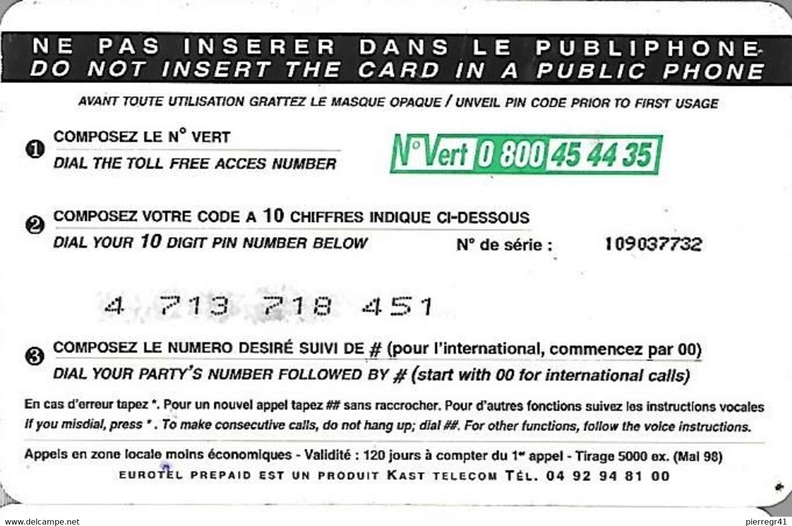 CARTE-PREPAYEE-50 FR-EUROTEL-KAST-CHEVAUX Au Coucher De Soleil -Exp 05/98-Gratté-BE - Caballos