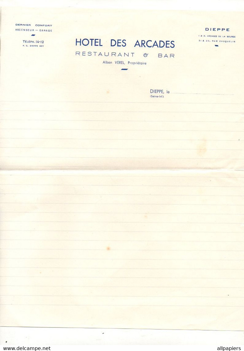 Papier à Lettres Avec En-tête Hôtel Des Arcades Restaurant & Bar à Dieppe - Format : 27x21 Cm - Sport & Tourismus