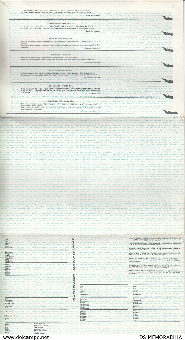 JAT Yugoslav Airlines Inflight Form With Suggestions To General Manager - Stationery