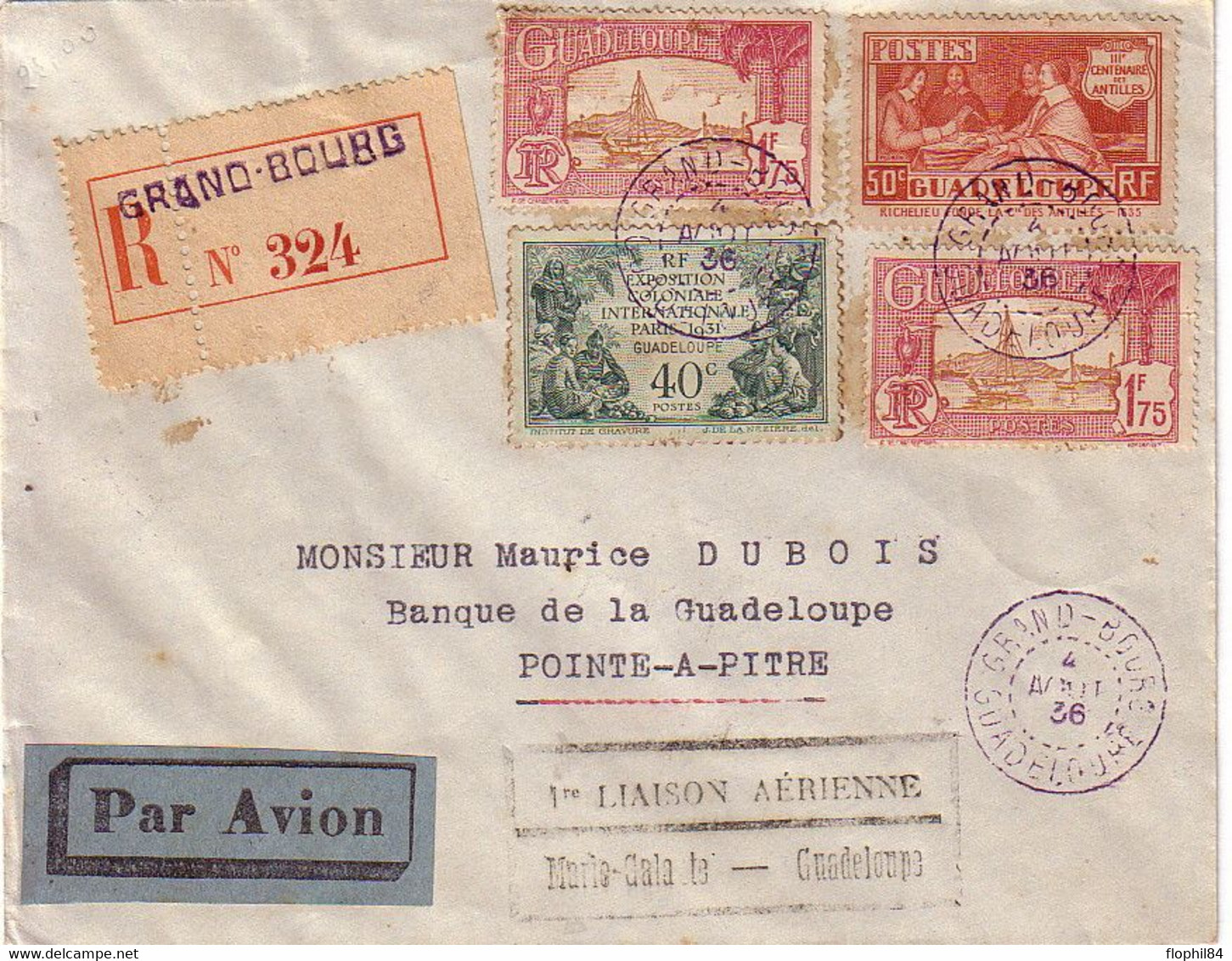 GUADELOUPE - GRAND-BOURG - 4 AVRIL 1936 - LETTRE AVION POUR POINTE A PITRE - 1er LIAISON AERIENNE MARIE-GALANTE - GUADEL - Lettres & Documents