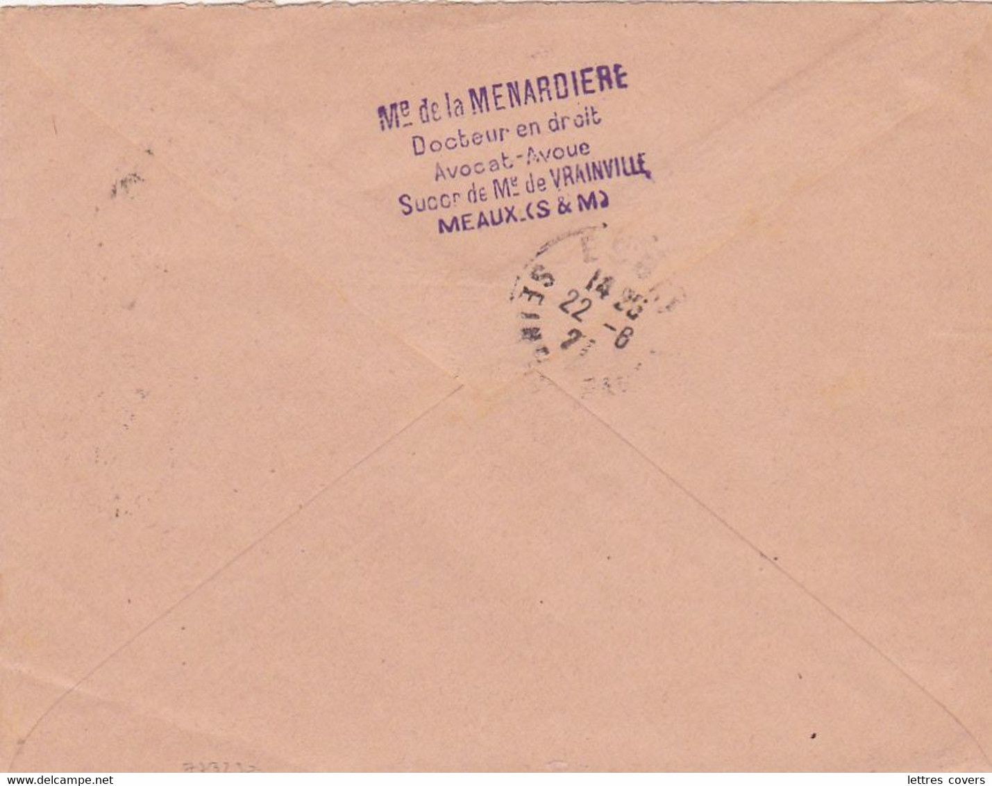 RARE PERFORATION D'un AVOCAT " HV " MAITRE DE VRAINVILLE - DE LA MENARDIERE MEAUX Lettre > Coupvray Semeuse 199 - Lettres & Documents