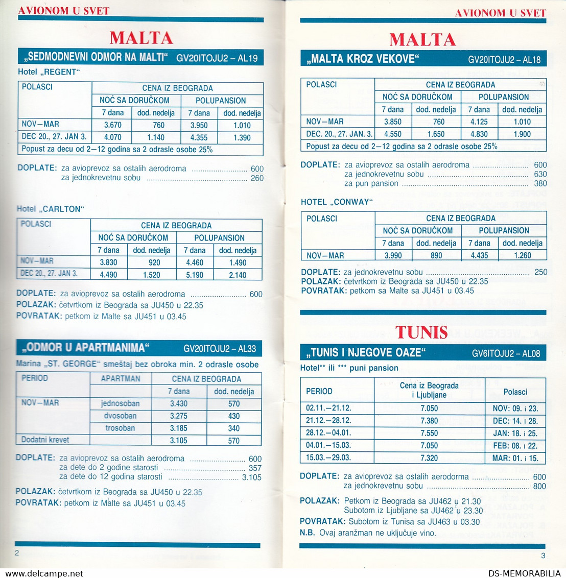1990/91 JAT Yugoslav Airlines Air Lift Price List - Timetables