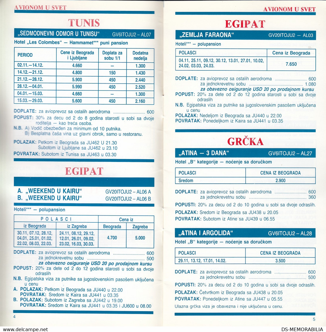 1990/91 JAT Yugoslav Airlines Air Lift Price List - Horaires