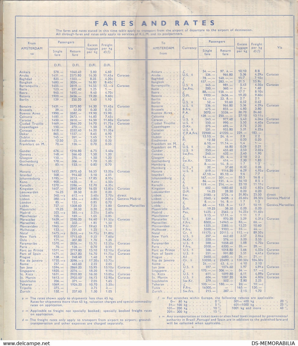 1948 KLM Royal Dutch Airlines Timetable Brochure Fares And Rates - Horarios